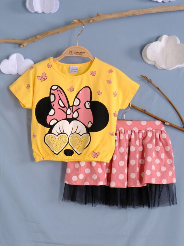 %100 Pamuk Mickey Mouse Bluz ve Puantiye Tül Detaylı Etek Kız Çocuk 2'Li Takım 2-3-4-5 Yaş