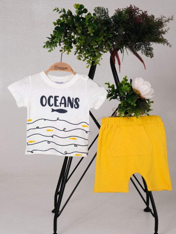 %100 Pamuk Oceans Balık Baskılı Tişört ve Şort 2'li Takım 6-9-12-18 Ay