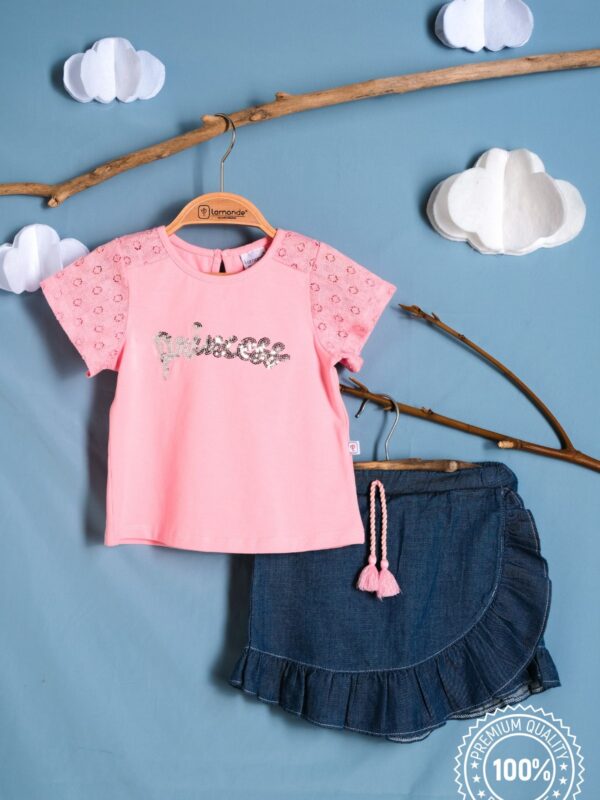 %100 Pamuk Princess İşlemeli Bluz ve Denim Etek Kız Çocuk 2'li Takım 2-3-4-5 Yaş