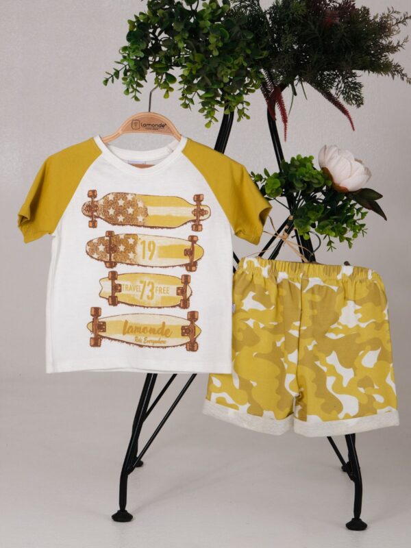 %100 Pamuk SkateBoard Kaykay Baskılı T-Shirt ve Camo Baskılı Şort 2'li Takım2-3-4-5 Yaş