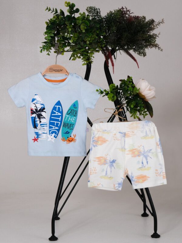%100 Pamuk Sörf Tahtası The Waves Baskılı Yengeç T-Shirt ve Palmiye Şort 6-9-12-18 Ay Unisex