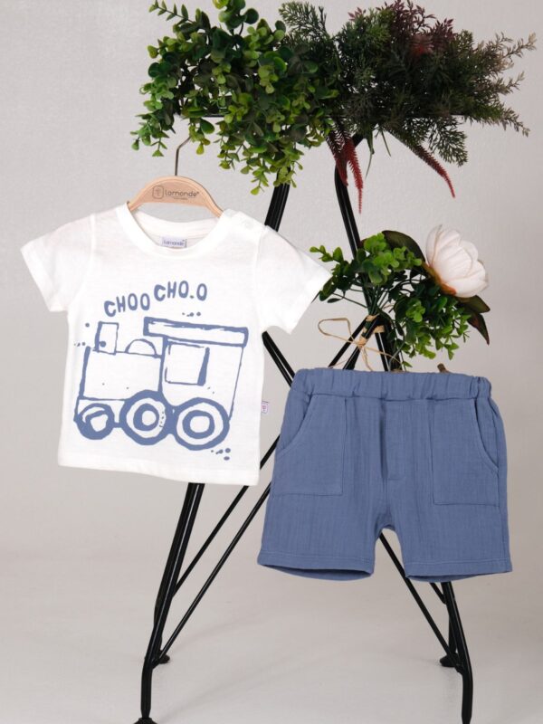 %100 Pamuk Unisex Choo Choo Lokomotif Baskılı T-Shirt ve Şort 2'Li Takım 6-9-12-18 Ay