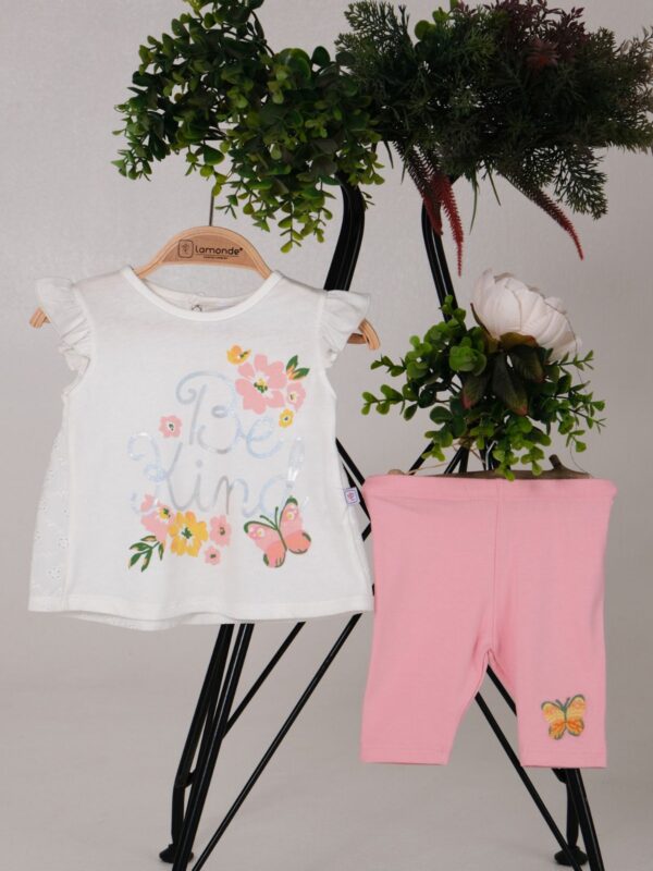 Askılı Çiçekli Kelebekli Çıtçıtlı Bluz ve Nakışlı Pantolon %100 Pamuk 6-9-12-18Ay 2'li Takım