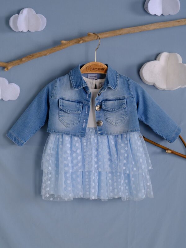 Denim Ceket ve Tül Detaylı Kız Çocuk Elbise 2'li Takım 6-9-12-18 Ay