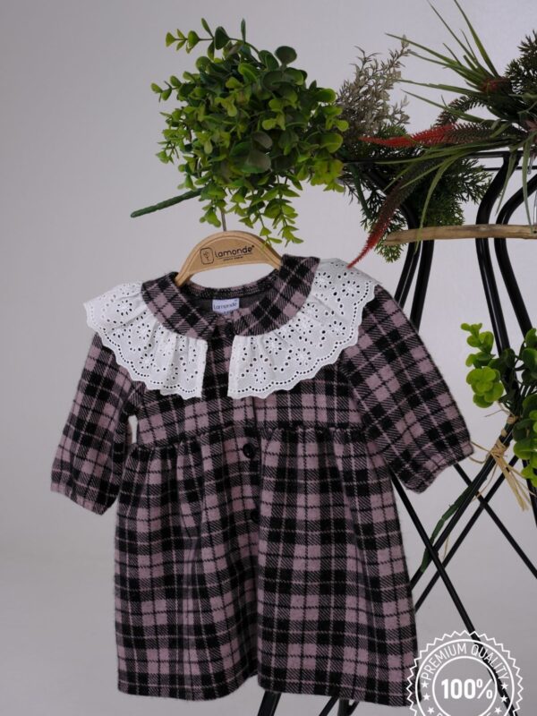 Kız Bebek Ekose Desenli Dantel Yaka Detaylı Elbise 6-9-12-18 Ay %100 Pamuk