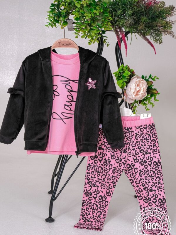 Kız Çocuk Kapüşonlu Fermuarlı Sweatshirt-Bluz-Pantolon 3'lü Takım 2-3-4-5 Yaş %100 Pamuk