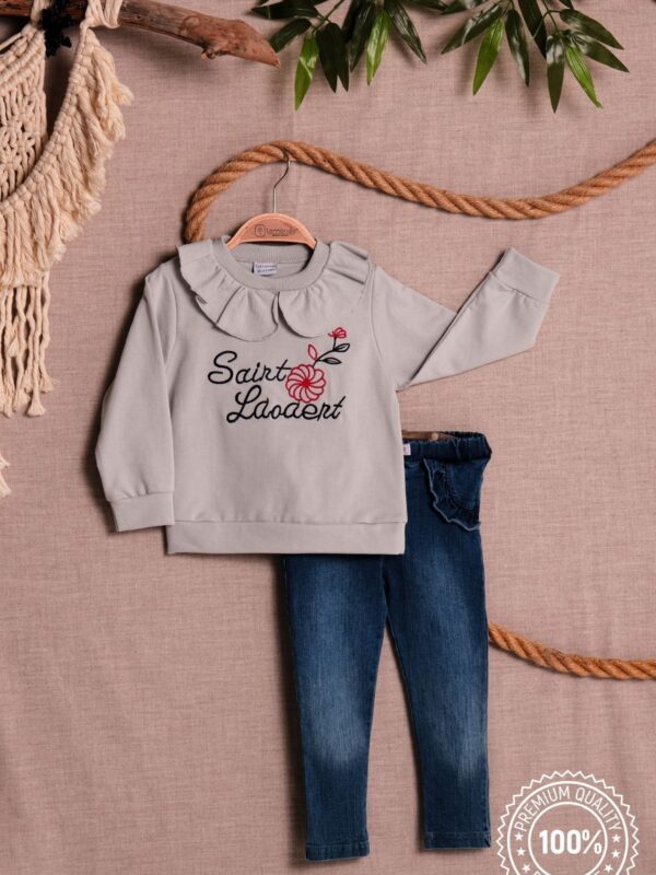 Kız Çocuk Kiraz Nakışlı Bluz Denim Pantolon 2'li Takım 2-3-4-5 Yaş %100 Pamuk