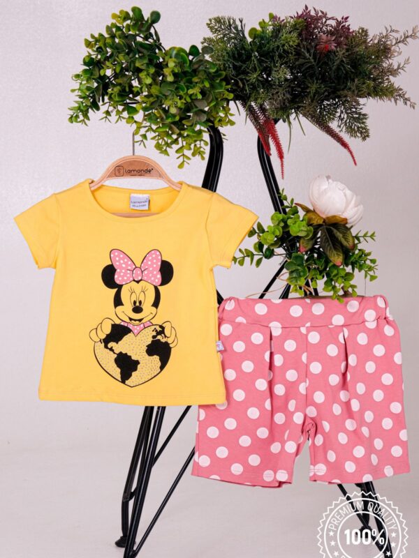 Kız Çocuk Mickey Mouse Baskılı T-Shirt ve Puantiye Şort %100 Pamuk 2'Li Takım 2-3-4-5 Yaş