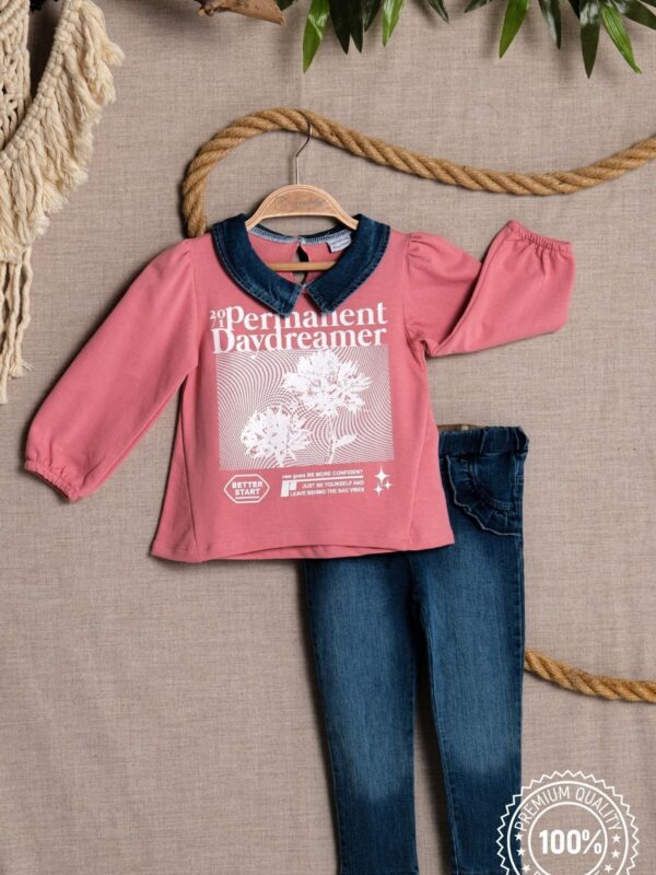 Kız Çocuk Yaka Detaylı Yazılı Bluz ve Denim Pantolon 2'li Takım 3-4-5-6 Yaş %100 Pamuk
